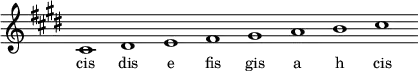 \relative f'{
\key cis \minor
\override Staff.TimeSignature #'stencil = ##f
\cadenzaOn cis1 dis e fis gis a h cis \cadenzaOff
}
\addlyrics { \small {
cis dis e fis gis a h cis
} }