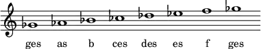 
\relative f'{
\override Staff.TimeSignature #'stencil = ##f
\cadenzaOn ges1 as bes ces des es f ges \cadenzaOff
}
\addlyrics { \small {
ges as b ces des es f ges
} }
