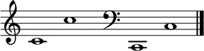 
\new Staff \with
{
  \omit TimeSignature
  fontSize = #2
  \override StaffSymbol.staff-space = #1.25
  \override StaffSymbol.thickness = #1.25
  \override Clef.full-size-change = ##t
  \override BarLine.hair-thickness = #2.4
  \override BarLine.thick-thickness = #7.5
  \override BarLine.kern = #3.75
  \override BarLine.transparent = ##t
}
{
  \time 18/8
  \clef treble
  s8
  c'1 c''
  s8
  \grace s8
  \clef bass
  \bar "|"
  s8
  c,1 c
  \override Staff.BarLine.transparent = ##f
  \bar "|."
}

