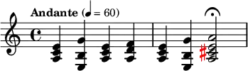 \layout{\context {\Score\override SpacingSpanner spacing-increment = 2}}
\new Staff \with { \magnifyStaff #1.2 } {\clef treble \key c \major \time 4/4 \tempo "Andante" 4 = 60 \override Accidental.color = "red"
<<a c' e'>> <<e b g'>> <<a c' e'>> <<a d' f'>> <<a c' e'>> <<e b g'>> <<a2\fermata cis'2 e'2 a'2>>}