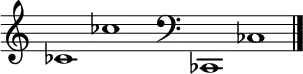 
\new Staff \with
{
  \omit TimeSignature
  fontSize = #2
  \override StaffSymbol.staff-space = #1.25
  \override StaffSymbol.thickness = #1.25
  \override Clef.full-size-change = ##t
  \override BarLine.hair-thickness = #2.4
  \override BarLine.thick-thickness = #7.5
  \override BarLine.kern = #3.75
  \override BarLine.transparent = ##t
}
{
  \time 18/8
  \clef treble
  s8
  ces'1 ces''
  s8
  \grace s8
  \clef bass
  \bar "|"
  s8
  ces,1 ces
  \override Staff.BarLine.transparent = ##f
  \bar "|."
}
