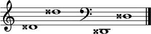 
\new Staff \with
{
  \omit TimeSignature
  fontSize = #2
  \override StaffSymbol.staff-space = #1.25
  \override StaffSymbol.thickness = #1.25
  \override Clef.full-size-change = ##t
  \override BarLine.hair-thickness = #2.4
  \override BarLine.thick-thickness = #7.5
  \override BarLine.kern = #3.75
  \override BarLine.transparent = ##t
}
{
  \time 18/8
  \clef treble
  s8
  disis'1 disis''
  s8
  \grace s8
  \clef bass
  \bar "|"
  s8
  disis,1 disis
  \override Staff.BarLine.transparent = ##f
  \bar "|."
}
