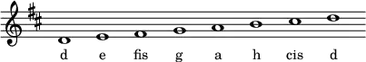 
\relative c'{
\key d \major
\override Staff.TimeSignature #'stencil = ##f
\cadenzaOn d1 e fis g a b cis d \cadenzaOff
}
\addlyrics { \small {
d e fis g a h cis d
} }
