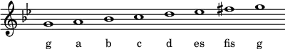 
\relative g'{
\key g \minor
\override Staff.TimeSignature #'stencil = ##f
\cadenzaOn g1 a b c d es fis g \cadenzaOff
}
\addlyrics { \small {
g a b c d es fis g
} }
