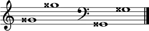 
\new Staff \with
{
  \omit TimeSignature
  fontSize = #2
  \override StaffSymbol.staff-space = #1.25
  \override StaffSymbol.thickness = #1.25
  \override Clef.full-size-change = ##t
  \override BarLine.hair-thickness = #2.4
  \override BarLine.thick-thickness = #7.5
  \override BarLine.kern = #3.75
  \override BarLine.transparent = ##t
}
{
  \time 18/8
  \clef treble
  s8
  gisis'1 gisis''
  s8
  \grace s8
  \clef bass
  \bar "|"
  s8
  gisis,1 gisis
  \override Staff.BarLine.transparent = ##f
  \bar "|."
}
