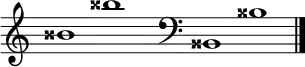 
\new Staff \with
{
  \omit TimeSignature
  fontSize = #2
  \override StaffSymbol.staff-space = #1.25
  \override StaffSymbol.thickness = #1.25
  \override Clef.full-size-change = ##t
  \override BarLine.hair-thickness = #2.4
  \override BarLine.thick-thickness = #7.5
  \override BarLine.kern = #3.75
  \override BarLine.transparent = ##t
}
{
  \time 18/8
  \clef treble
  s8
  bisis'1 bisis''
  s8
  \grace s8
  \clef bass
  \bar "|"
  s8
  bisis,1 bisis
  \override Staff.BarLine.transparent = ##f
  \bar "|."
}
