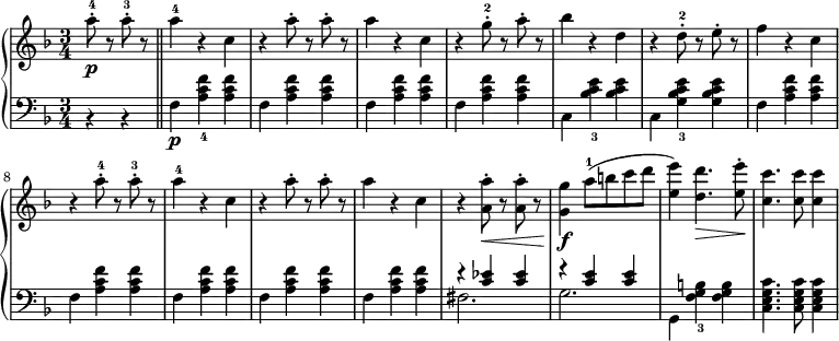 
 \relative b' {
  \new PianoStaff <<
   \new Staff { \key d \minor \time 3/4
    \set Score.tempoHideNote = ##t
    \tempo "" 2. = 64
        \partial 2 a'8-.-4\p r a-.-3 r \bar "||" a4-4 r c, r a'8-. r a-. r a4 r c, r g'8-.-2 r a-. r bes4 r d, r d8-.-2 r e-. r f4 r c r a'8-.-4 r a-.-3 r a4-4 r c, r a'8-. r a-. r a4 r c, r <a' a,>8-.\< r <a a,>-. r <g g,>4\f a8-1( b c d <e, e'>4) <d d'>4.\> <e e'>8-.\! <c c'>4. <c c'>8 <c c'>4
   }
   \new Staff { \key d \minor \time 3/4 \clef bass
    <<
      { s4 s s s s s s s s s s s s s s s s s s s s s s s s s s s s s s s s s s r <c, ees> <c ees> r <c e> <c e> }
    \\
      { b,4\rest b4\rest f'\p <a c f>-4 <a c f> f <a c f> <a c f> f <a c f> <a c f> f <a c f> <a c f> c, <bes' c e>-3 <bes c e> c, <g' bes c e>-3 <g bes c e> f <a c f> <a c f> f <a c f> <a c f> f <a c f> <a c f> f <a c f> <a c f> f <a c f> <a c f> fis2. g2. g,4 <f' g b>-3 <f g b> <c e g c>4. <c e g c>8 <c e g c>4 }
    >>
      }
  >>
 }
