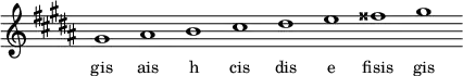 
\relative f'{
\key gis \minor
\override Staff.TimeSignature #'stencil = ##f
\cadenzaOn gis1 ais h cis dis e fisis gis \cadenzaOff
}
\addlyrics { \small {
gis ais h cis dis e fisis gis
} }
