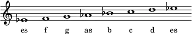 
\relative f'{
\override Staff.TimeSignature #'stencil = ##f
\cadenzaOn es1 f g as bes c d es \cadenzaOff
}
\addlyrics { \small {
es f g as b c d es
} }
