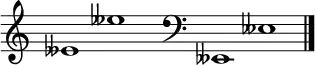 
\new Staff \with
{
  \omit TimeSignature
  fontSize = #2
  \override StaffSymbol.staff-space = #1.25
  \override StaffSymbol.thickness = #1.25
  \override Clef.full-size-change = ##t
  \override BarLine.hair-thickness = #2.4
  \override BarLine.thick-thickness = #7.5
  \override BarLine.kern = #3.75
  \override BarLine.transparent = ##t
}
{
  \time 18/8
  \clef treble
  s8
  eses'1 eses''
  s8
  \grace s8
  \clef bass
  \bar "|"
  s8
  eses,1 eses
  \override Staff.BarLine.transparent = ##f
  \bar "|."
}
