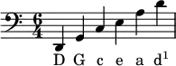 {\clef bass \time 6/4 d, g, c e a d'}\addlyrics {D G c e a \markup \concat {d \super 1}}