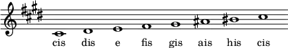 \relative f'{
\key cis \minor
\override Staff.TimeSignature #'stencil = ##f
\cadenzaOn cis1 dis e fis gis ais his cis \cadenzaOff
}
\addlyrics { \small {
cis1 dis e fis gis ais his cis
} }