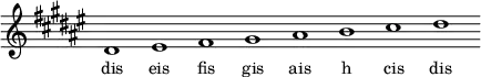 
\relative f'{
\key dis \minor
\override Staff.TimeSignature #'stencil = ##f
\cadenzaOn dis1 eis fis gis ais h cis dis \cadenzaOff
}
\addlyrics { \small {
dis eis fis gis ais h cis dis
} }
