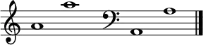 \new Staff \with
{
\omit TimeSignature
fontSize = #2
\override StaffSymbol.staff-space = #1.25
\override StaffSymbol.thickness = #1.25
\override Clef.full-size-change = ##t
\override BarLine.hair-thickness = #2.4
\override BarLine.thick-thickness = #7.5
\override BarLine.kern = #3.75
\override BarLine.transparent = ##t
}
{
\time 18/8
\clef treble
s8
a'1 a''
s8
\grace s8
\clef bass
\bar "|"
s8
a,1 a
\override Staff.BarLine.transparent = ##f
\bar "|."
}