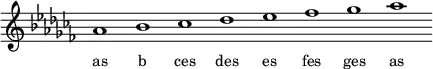 
\relative c''{
\key as \minor
\override Staff.TimeSignature #'stencil = ##f
\cadenzaOn as1 b ces des es fes ges as \cadenzaOff
}
\addlyrics { \small {
as b ces des es fes ges as
} }
