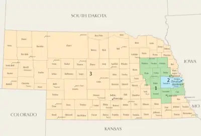Mapa Nebraski z podziałem na hrabstwa i okręgi wyborcze do Izby Reprezentantów USA