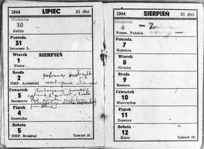 Kalendarz Kazimierza Dańczaka, z datą śmiertelnego postrzału